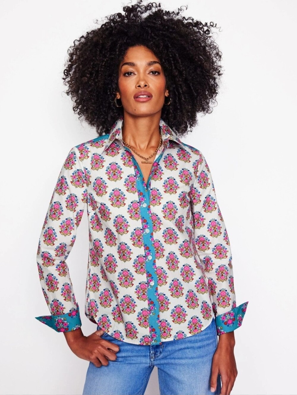 Boden White Floral Sienna Button-Down with Teal Trim Cotton Shirt Size 2P